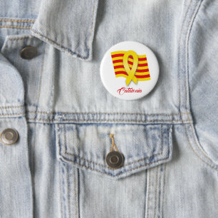 Catalan yellow ribbon and flag 6 cm round badge