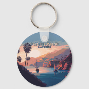 Catalina Island California Boats Sunset Retro Key Ring