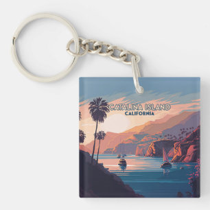 Catalina Island California Boats Sunset Retro Key Ring