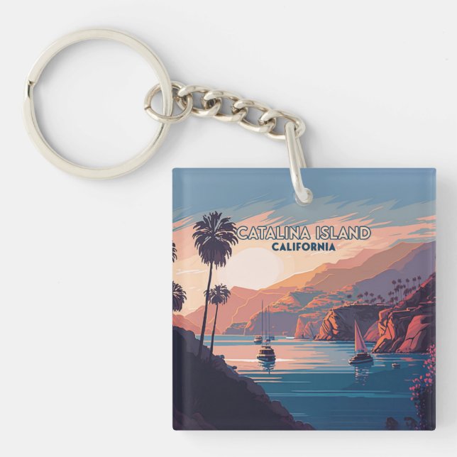Catalina Island California Boats Sunset Retro Key Ring (Front)