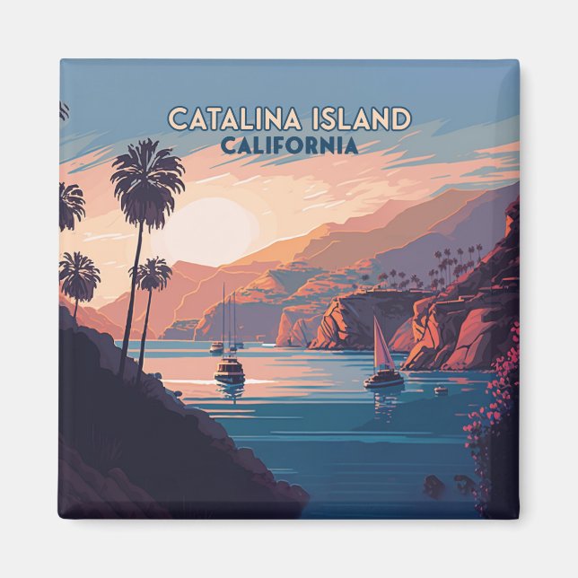 Catalina Island California Boats Sunset Retro Magnet (Front)