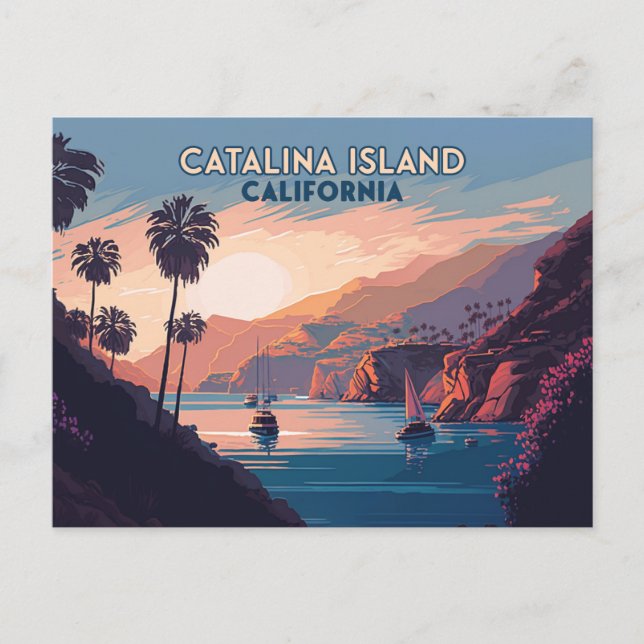 Catalina Island California Boats Sunset Retro Postcard (Front)