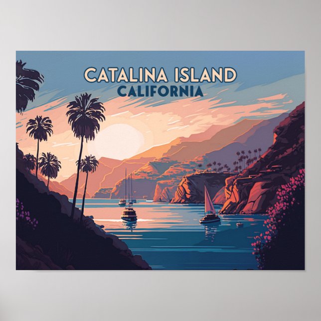 Catalina Island California Boats Sunset Retro Poster (Front)