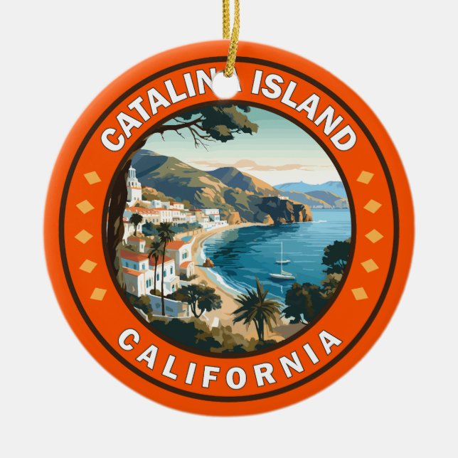 Catalina Island California Travel Art Badge Ceramic Tree Decoration (Front)