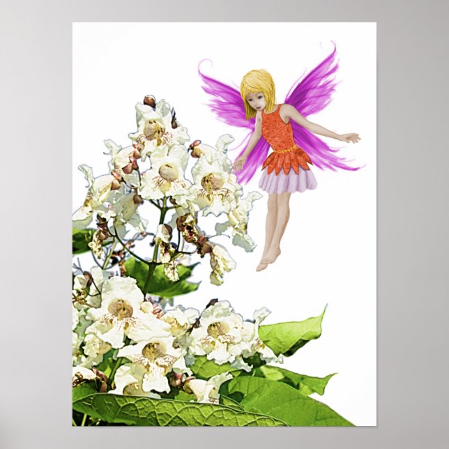 Catalpa Tree Fairy beside Flowers Poster (Front)