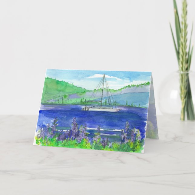 Catamaran Mountain Lake Watercolor Happy Birthday Card (Front)