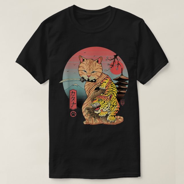 Catana In Edo Cat Attooed Samurai Cat Japanese Art T-Shirt (Design Front)
