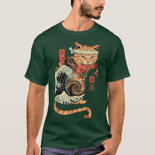 Catana Wave Cat Tattooed Samurai Cat Japanese Art  T-Shirt