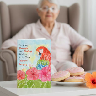 Cataract Surgery Healing Scarlet Macaws, Hibiscus Card