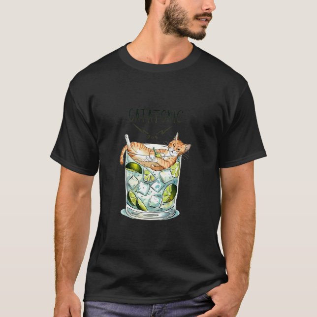 Catatonic - Funny Drinking Cat T-Shirt (Front)