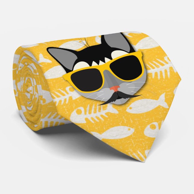 Catatude Funny Cat with Moustache and Sunglasses Tie (Rolled)