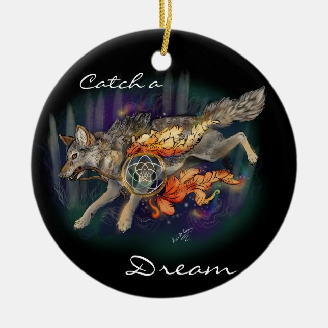 Catch a Dream,Dreamcatcher Wolf~ornament Ceramic Tree Decoration (Front)