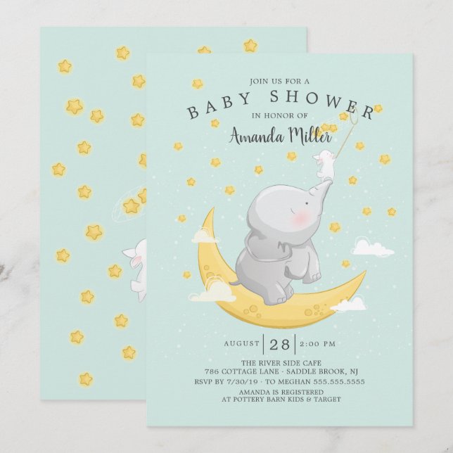 Catch A Star Bunny Elephant Baby Shower Invitation (Front/Back)