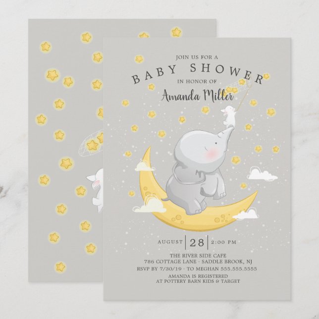 Catch A Star Neutral Bunny Elephant Baby Shower Invitation (Front/Back)