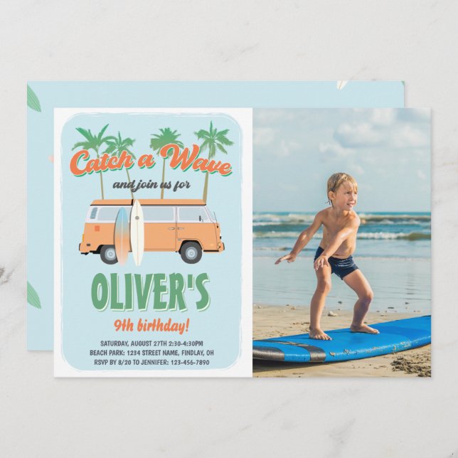 Catch a Wave Surf's Up Photo Birthday Party Invitation (Front/Back)