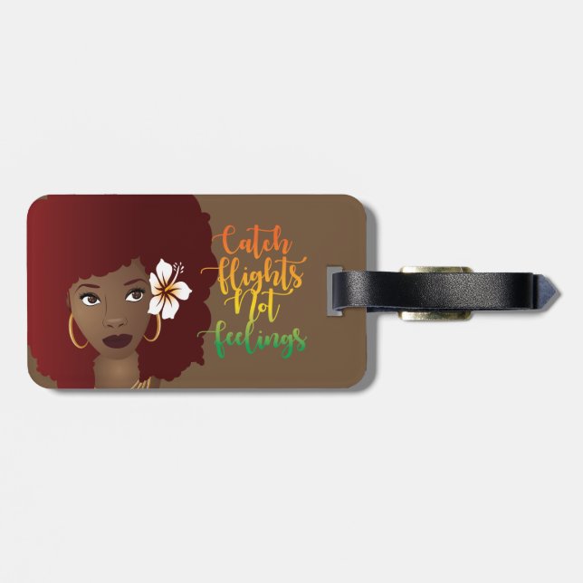 Catch Flight Not Feelings, Red Afro Luggage Tag (Back Horizontal)