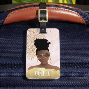 Catch Flights Not Feelings Black Woman Pink & Gold Luggage Tag