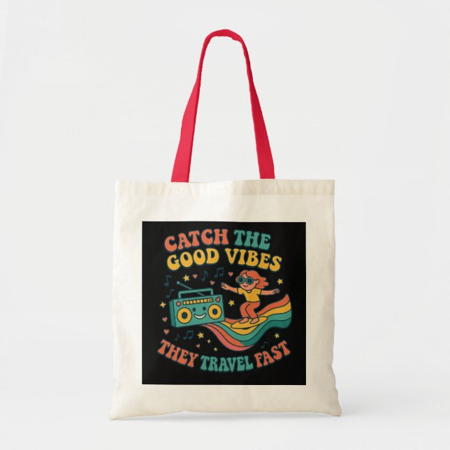 Catch the Good Vibes Retro Skateboarder Tote Bag (Front)