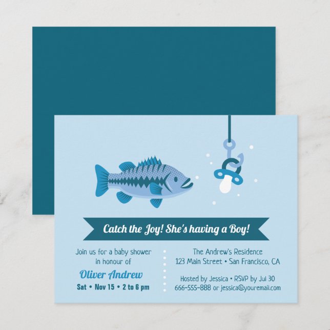 Catch the Joy Sea Bass Fishing Themed Baby Shower Invitation (Front/Back)