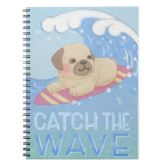 Catch the Wave: Pug Surfer Illustration Notebook (Front)