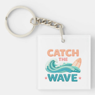 Catch the Wave Surfing Ocean Wave and Surfboard Key Ring