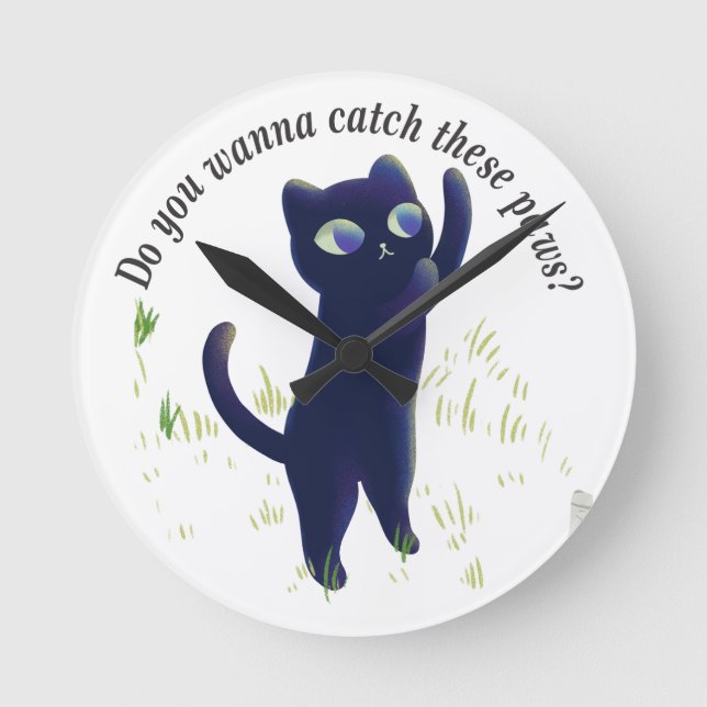 Catch These Paws – Playful Midnight Kitty Round Clock (Front)