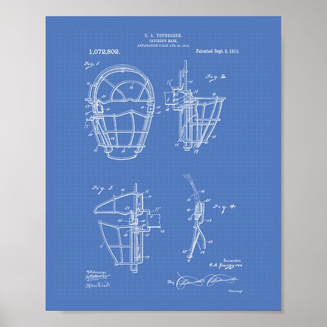 Catcher's Mask 1913 Patent Art Blueprint Poster (Front)