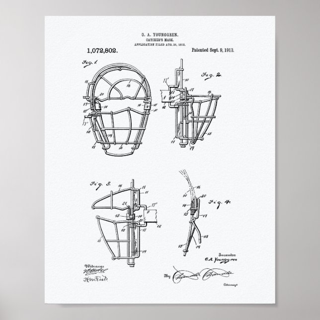 Catcher's Mask 1913 Patent Art White Paper Poster (Front)