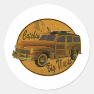 catchin' big waves in the woodie classic round sticker