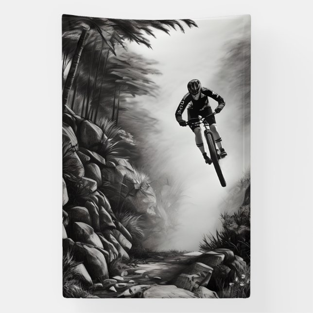 Catching Air - Mountain Bike Digital Pencil Sketch Banner (Vertical)