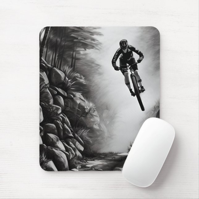 Catching Air - Mountain Bike Digital Pencil Sketch Mouse Mat (With Mouse)