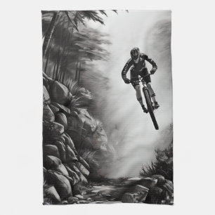 Catching Air - Mountain Bike Digital Pencil Sketch Tea Towel
