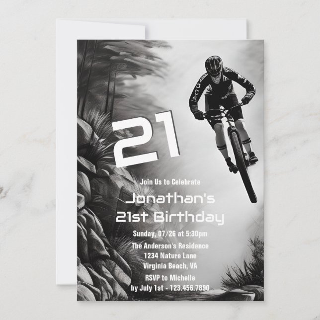Catching Air - Mountain Bike Sketch 21st Birthday Invitation (Front)