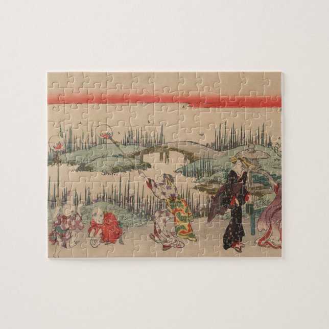 Catching Fireflies (colour woodcut) Jigsaw Puzzle (Horizontal)