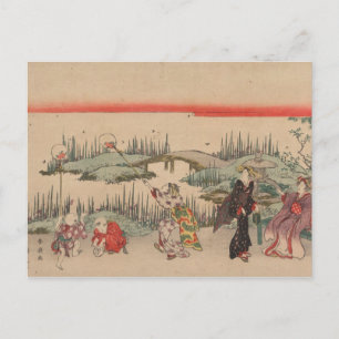 Catching Fireflies (colour woodcut) Postcard