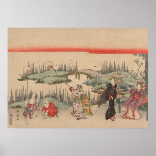 Catching Fireflies (colour woodcut) Poster