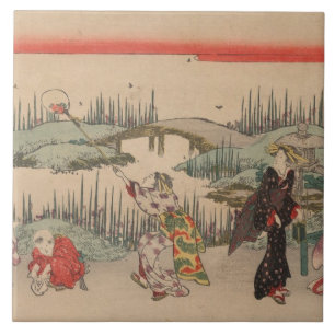 Catching Fireflies (colour woodcut) Tile