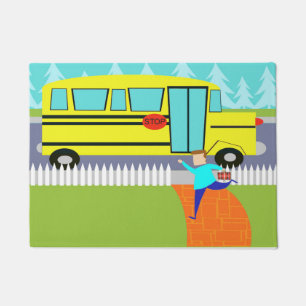 Catching School Bus Cartoon Door Mat
