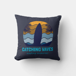 Catching Waves Retro Surfboard Beach Art Cushion