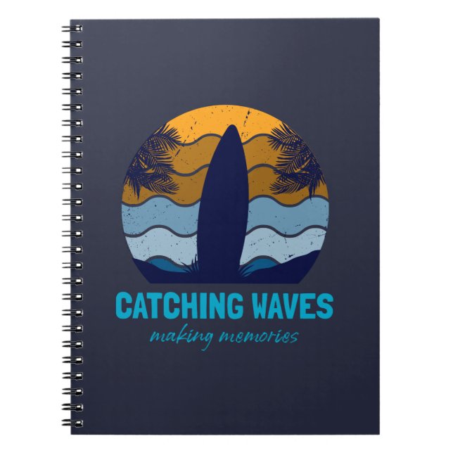 Catching Waves Retro Surfboard Beach Art Notebook (Front)