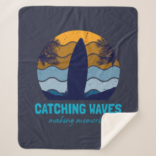 Catching Waves Retro Surfboard Beach Art Sherpa Blanket