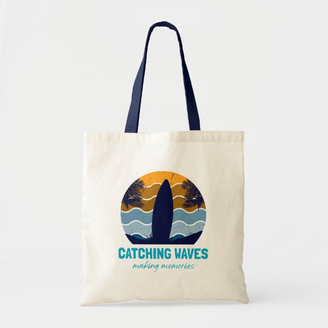 Catching Waves Retro Surfboard Beach Art Tote Bag (Front)