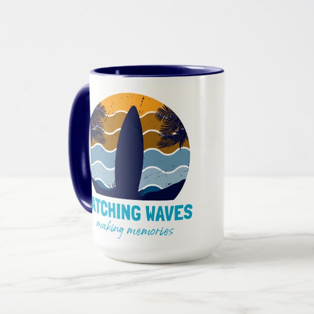 Catching Waves Surfboard Retro Sunset Beach Mug (Front Left)