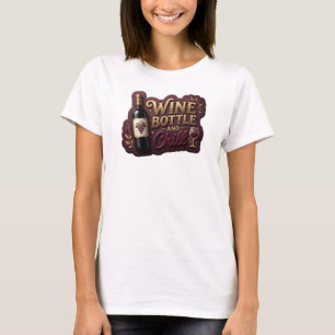Catchy Gold WINE BOTTLE AND CHILL Artistic Motif T-Shirt