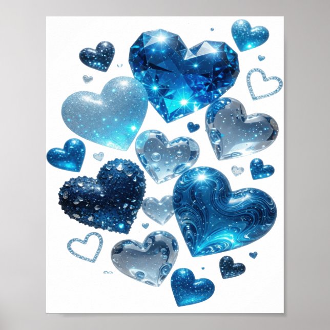 Catchy Silver BLUE HEARTS 3D Text Art Poster (Front)