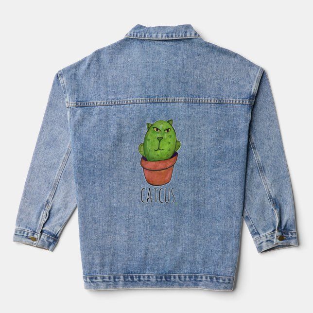 Catcus Funny Pet Cactus Kitty Art Denim Jacket (Back)