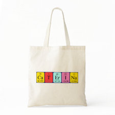 Bag featuring the name Caterina spelled out in symbols of the chemical elements