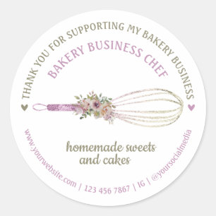 Catering Bakery Chef Glitter Whisk Flower Thanks Classic Round Sticker