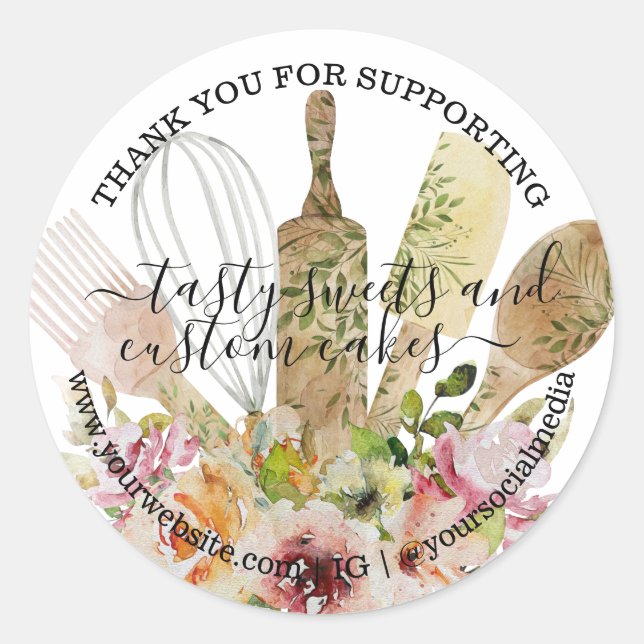 Catering Bakery Kitchen Rustic Eucalyptus Floral Classic Round Sticker (Front)