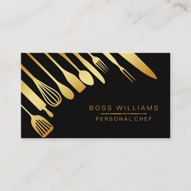 Catering Personal Chef Gold Kitchen Utensils Business Card (Front)
